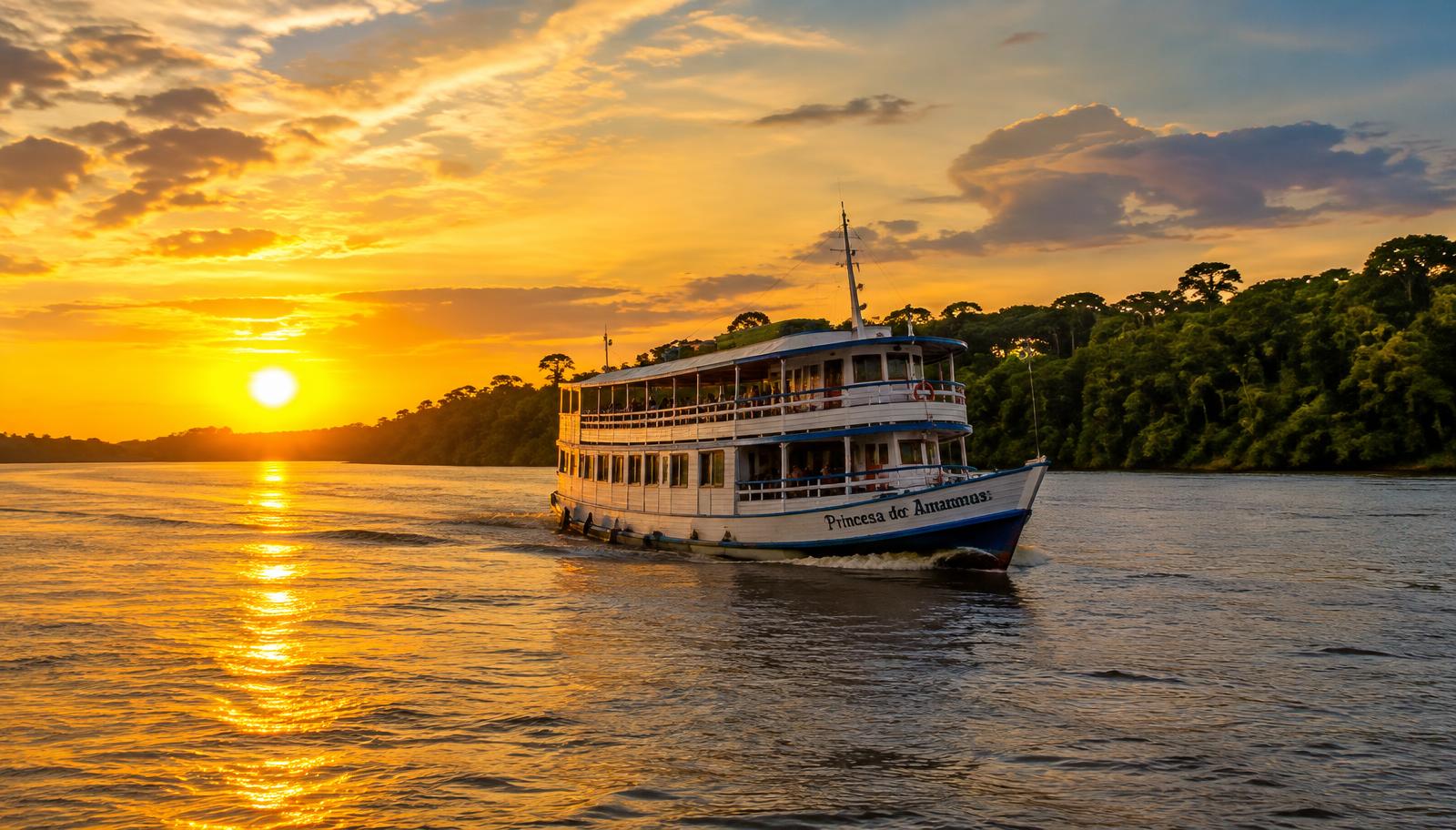 Barco navegando no Rio Amazonas ao pôr do sol